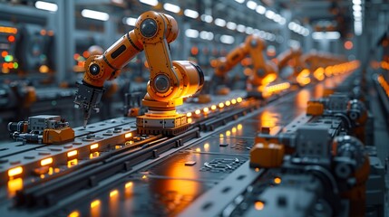 Fototapeta premium Sleek and automated background featuring a smart factory with advanced robotic systems, highlighting the precision and efficiency of modern industrial automation Watercolor style, high resolution