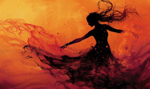 ecstatic dance poster with a silhuette of a dancing lady with wet hair swished in the air from dancing, style of heavy brush strokes abstract art