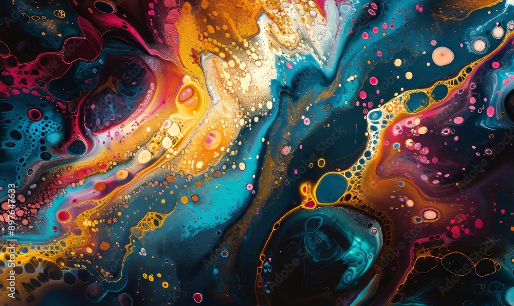 Poster abstract painting with bold, contrasting colors and intricate patterns, evoking a sense of chaos and