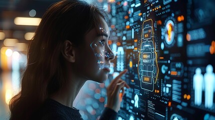 Naklejka premium Sleek and intelligent background featuring an AI-powered, holographic assistant interacting with users in real-time, showcasing the personalized and responsive nature of modern digital technology