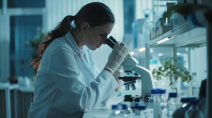 A dedicated female scientist in a lab coat and gloves focuses intently on examining samples through a microscope in a modern laboratory