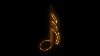 Neon music icon. Single glowing musical note. Musical notes. Music sheet. Line art. Musical symbols. Isolated on black background. Treble Clef. Music note. Music love. Melody, classical, sound design.