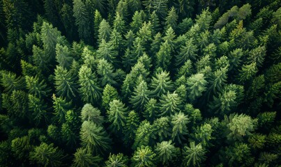Aerial view of green trees in a dense forest. Forest From Above