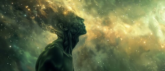 A surreal figure emerges from a cosmic backdrop, blending human and cosmic elements, symbolizing the connection between humanity and the universe
