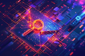 A digital illustration featuring a glowing envelope and a key, symbolizing email security and encryption within a technological environment
