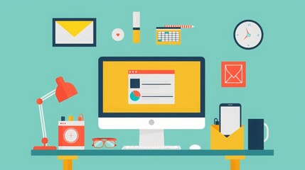Vector illustration of a modern home office desk setup with computer, lamp, and various office supplies on a turquoise background