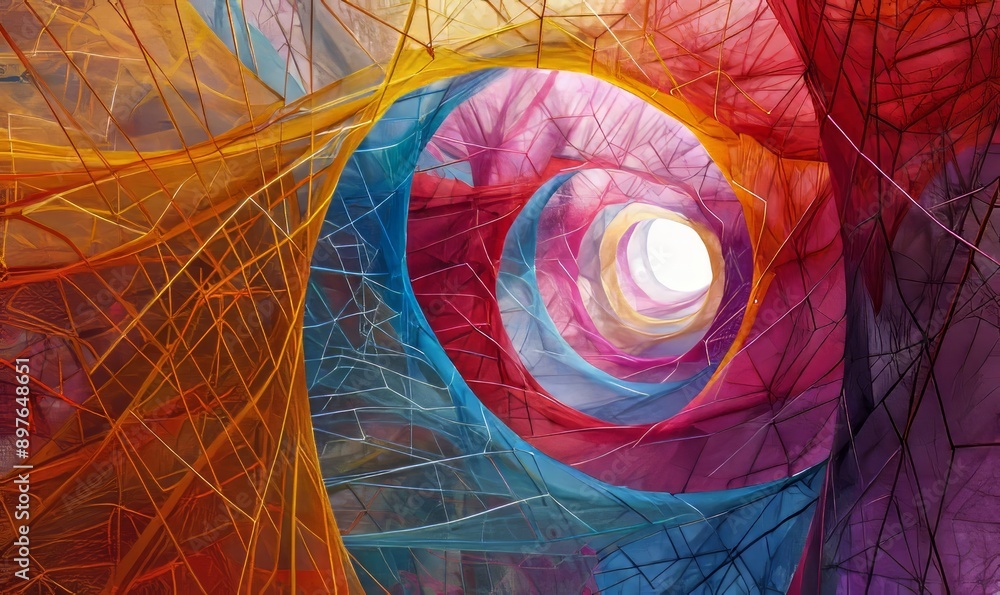 Poster intricate web of multicolored threads forming a mesmerizing geometric design, capturing the beauty o