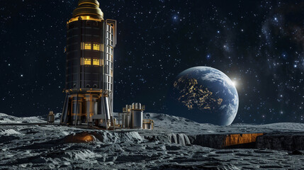 Naklejka premium Nuclear fusion reactor installed on the Moon powered by helium-3 with planet Earth visible on dark sky background
