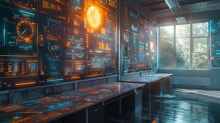 Advanced immersive background depicting a virtual classroom environment with interactive, augmented reality elements, emphasizing the transformative potential of tech in education and training