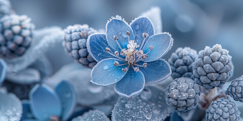 Delicate blue flower covered in frost crystals blooms among frozen berries, capturing winter's icy beauty. Concept of nature's resilience and seasonal transformation.
