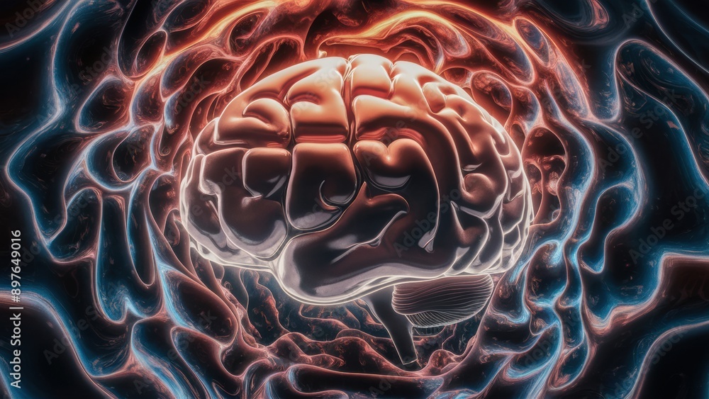 Poster a computer generated image of a brain in the center, ai
