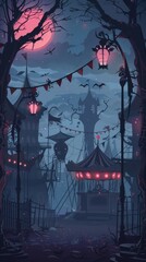 A dark and twisted circus with horrifying attractions. ,Dark Color light ,vectorline design , illustration , Mobile Wallpaper