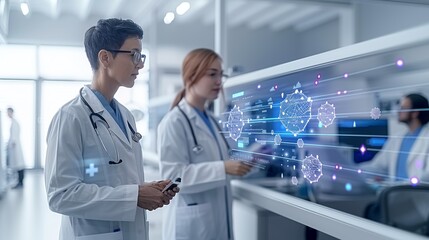 Futuristic integrated background showcasing a connected healthcare system with digital interfaces and advanced diagnostics, highlighting the innovation and precision of modern medical technology