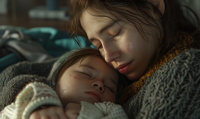 Tired yet contented look on the face of a parent holding a sleeping child