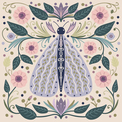 moth insect folk style print for textile napkin pink beige decorative art © INVITO ARTE