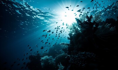 Abstract silhouette of underwater coral reef, marine life in dark contrast against sunlit waters