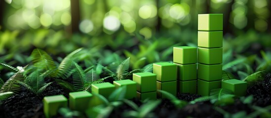 Jade green blocks illustrate a rich upward trend in stocks, set on a lush forest floor.