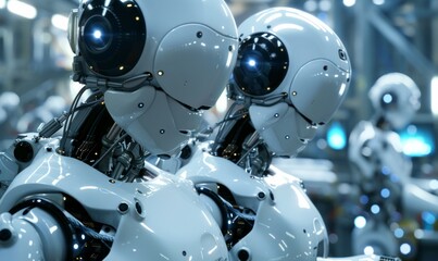 Fototapeta premium Advanced humanoid robots working alongside humans in a bustling factory, illustrating the integration of AI and automation in industrial settings