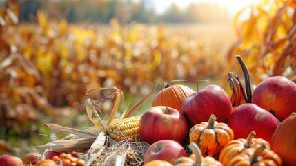 A close-up of a variety of fall harvest fruits and vegetables, including apples, pumpkins, gourds, and corn. Generative AI