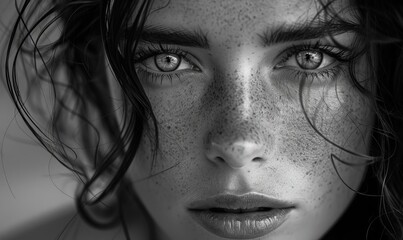 Fototapeta premium Artistic grayscale portrait, intricate shading and stark contrasts. Eyes pierce through the monochrome palette, revealing depth and emotion