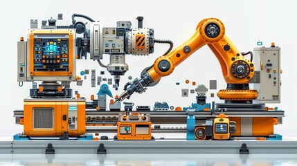 Fototapeta premium Intelligent cybernetic background image depicting a streamlined, automated robotic arm assembling components with precision, highlighting the efficiency and advancement of modern manufacturing