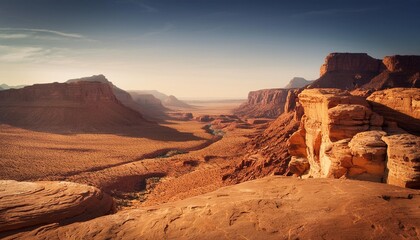Naklejka premium Surreal Desert Landscape: Eroded Rock Formations and Vast Canyons in Majestic Scenery. Generative AI