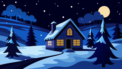Beautiful winter snow, cottage covered with snow, night mode background, vector art illustration