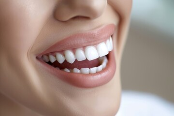 Obraz premium A close-up of a smiling mouth displaying bright, white teeth and soft, natural lips, conveying happiness and confidence