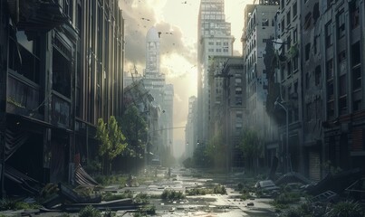 Obraz premium A survivor's journey through the deserted cityscape echoes with memories of lost civilization