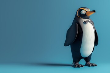 Obraz premium A stylized, cartoonish penguin wearing a bow tie stands against a solid blue background, exuding a charming and whimsical character
