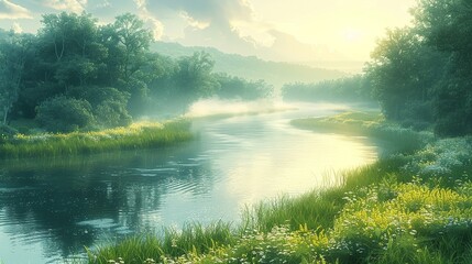 Fototapeta premium Serene riverine scene with riparian elements, featuring a misty, sunlit river winding through a lush, verdant landscape, perfect for a tranquil nature background image. Watercolor style, high