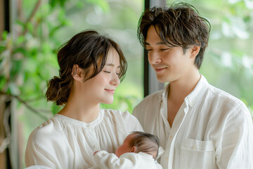 Fototapeta premium 若いアジア人夫婦と赤ちゃん。リビングルームと植物の背景。