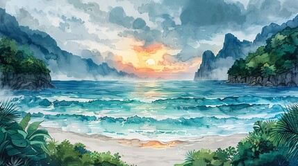 Fototapeta premium Scenic coastal landscape with marine elements, featuring a misty, sunlit horizon and lush, verdant shoreline, perfect for a serene nature background image. Watercolor style, high resolution
