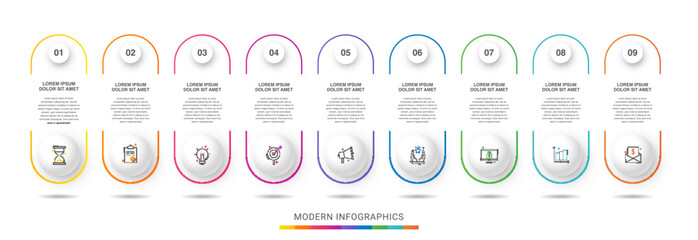 Vector timeline infographics template with nine circles and options. Blank space for web, infographic, diagram, business, digital network, flowchart, presentations