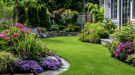 Fototapeta premium Beautiful landscaping in backyard with flower bed