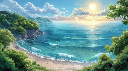 Obraz premium A tranquil, marine coastal landscape with pristine waters, sunlit horizon, and lush, verdant shoreline, ideal for a serene nature background image. Watercolor style, high resolution Illustration, in