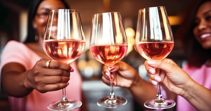 Cheers to the Girls: Friends Toast with Glasses of Ros&eacute; Wine, Celebrating Friendship and Good Times.  Girl's Night Out & Celebration