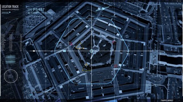 Modern Satellite Surveillance Spy Tech Tracks Usa Pentagon Base. Aerial Drone View Surveillance Spy Tech Focused On A Secret Military Base. Spy Scanning Surveillance High Tech Software Interface.