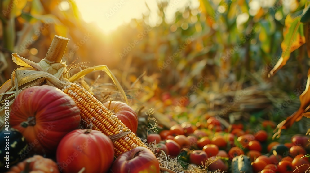Poster a close-up of freshly picked corn, pumpkins, and apples in a field, with the setting sun shining beh