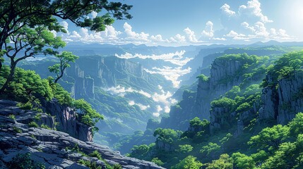 Panoramic view of a forested canyon with shadowed cliffs, lush greenery, and a misty, sunlit sky, creating a picturesque and serene nature background image. Watercolor style, high resolution