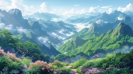 Fototapeta premium Breathtaking alpine landscape with misty mountain peaks, verdant valleys, and blooming flowers under a sunlit sky, creating a picturesque and tranquil nature background image. Watercolor style, high