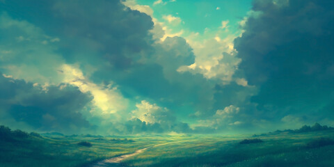 an anime style of hiking way under thunder storm cloud and bad weather