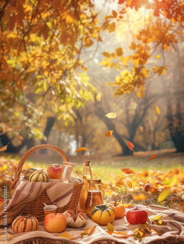 Poster a wicker basket filled with food and drinks sits on a blanket spread out on the ground, surrounded b