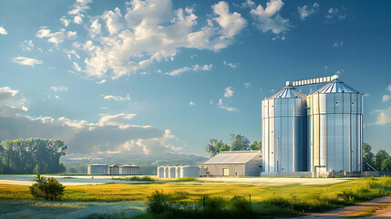 industrial grain silos, outdoor agricultural landscape, storage facilities, farming industry, rural scenery, vibrant blue skies, agricultural productivity, sustainability, seasonal harvest