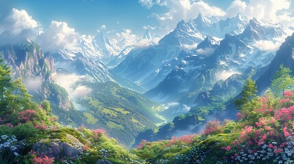 Breathtaking alpine landscape with misty mountain peaks, verdant valleys, and blooming flowers under a sunlit sky, creating a picturesque and tranquil nature background image. Watercolor style, high