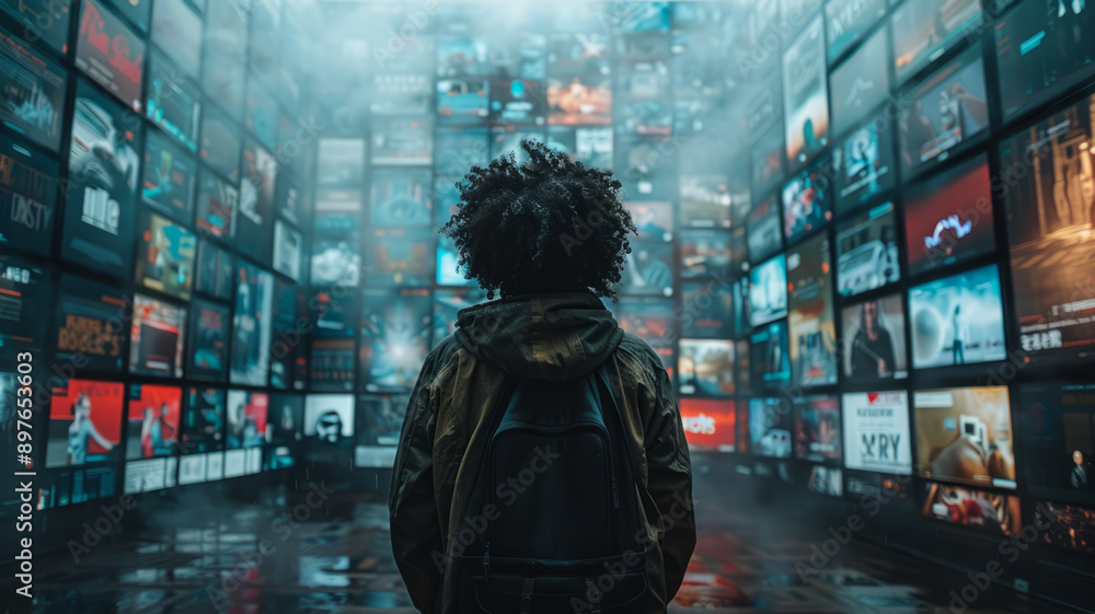 Poster person standing in front of a wall build out of multiple screens, an advertising video on each scree