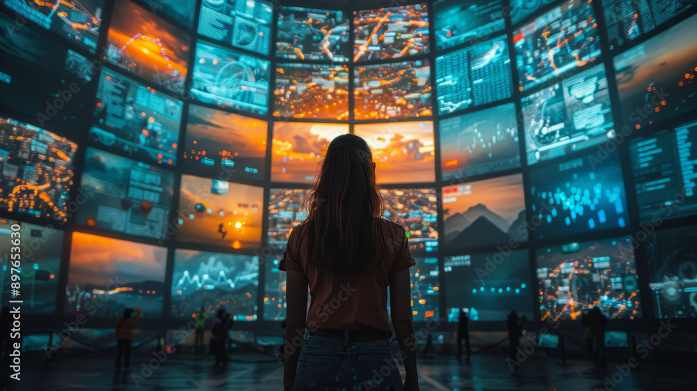 Poster person standing in front of a wall build out of multiple screens, an advertising video on each scree