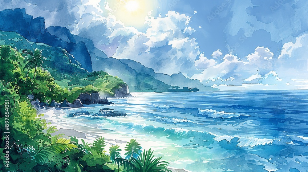 Poster Scenic coastal landscape with marine elements, featuring a misty, sunlit horizon and lush, verdant shoreline, perfect for a serene nature background image. Watercolor style, high resolution