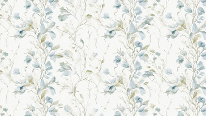 Seamless Abstract Watercolor Floral Pattern With White Background and Delicate Blue and Green Foliage