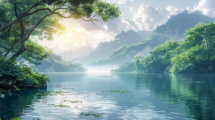 Serene lakeside scene with tranquil waters, lush greenery, and a sunlit, misty horizon, ideal for a peaceful and scenic nature background image. Watercolor style, high resolution Illustration, in the